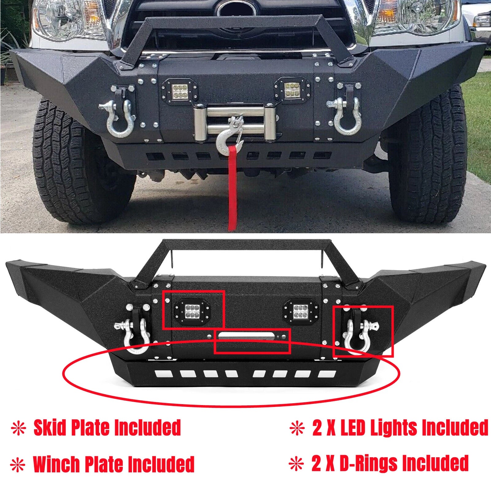 Front Bumper for Toyota Tacoma (2005–2015) with LED Lights & Winch D-rings