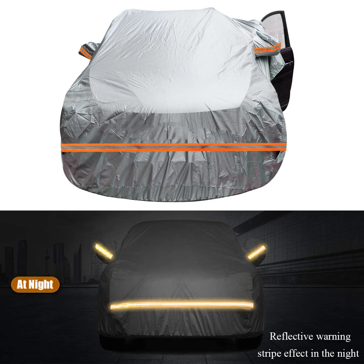 Silver Car Cover for Sedan (All Weather, Reflective Strips)