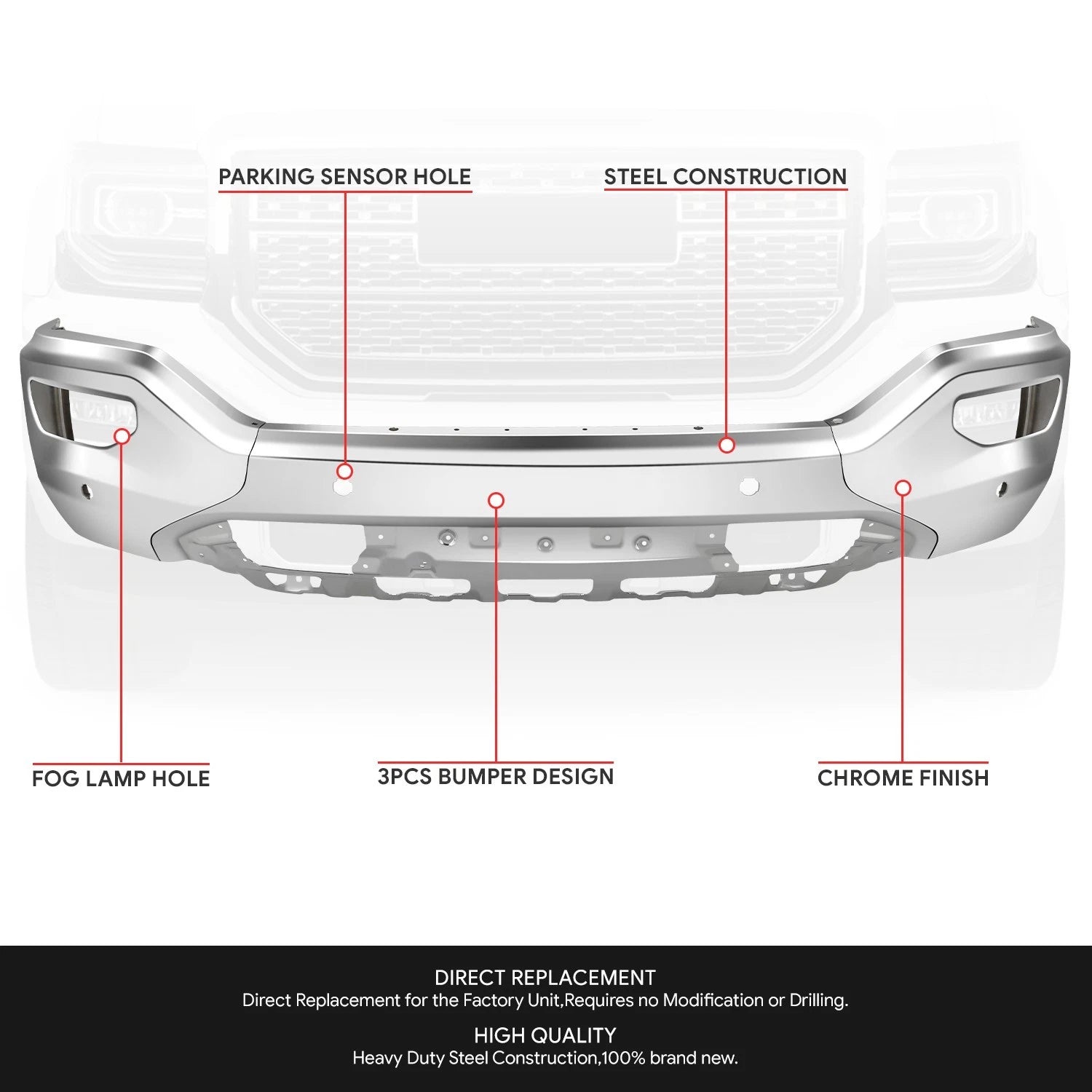 Chrome Front Bumper Face Bar w/ Foglight Holes for GMC Sierra 1500 Limited (2016–2019)