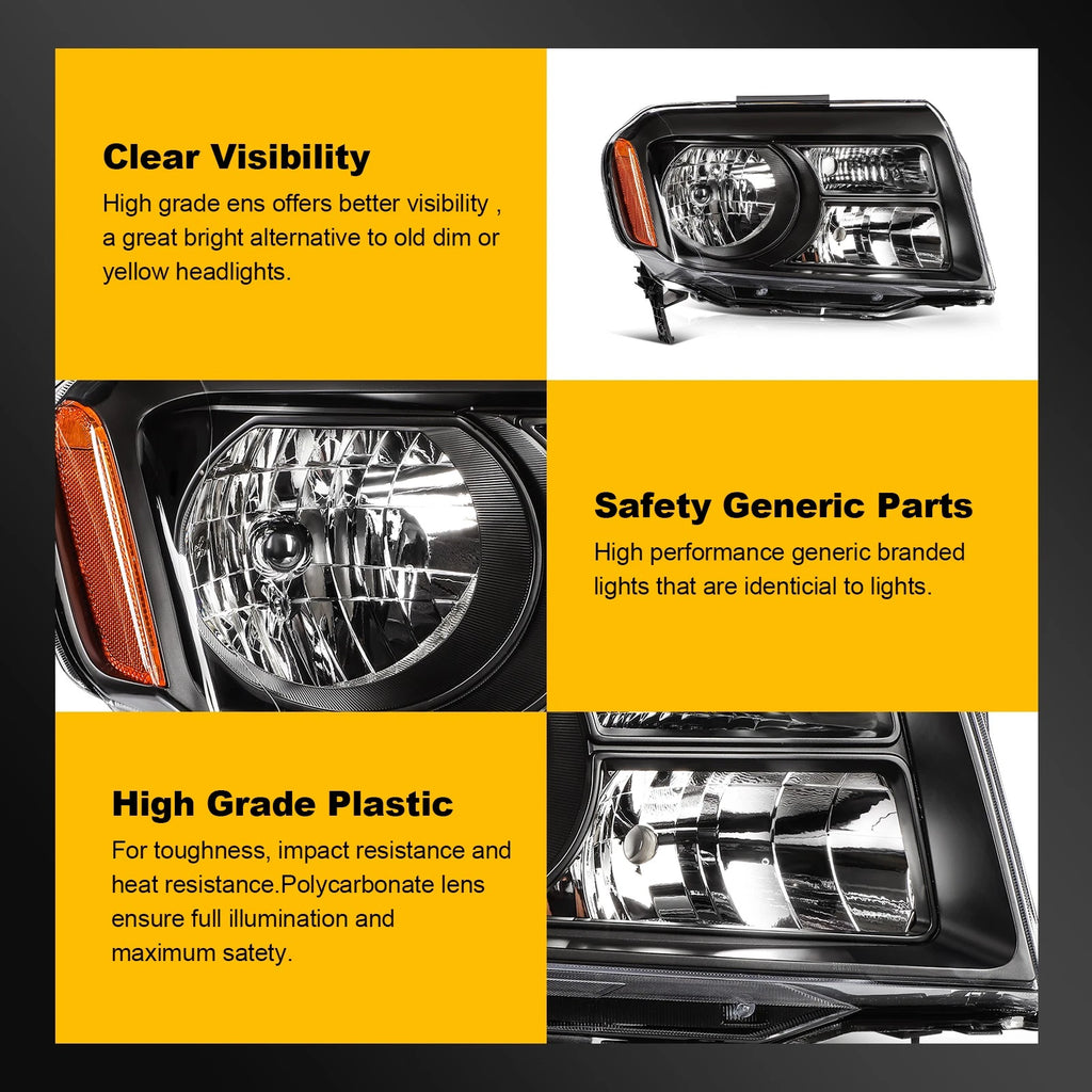 2X Black Headlight Assembly for Honda Pilot (2012–2015)