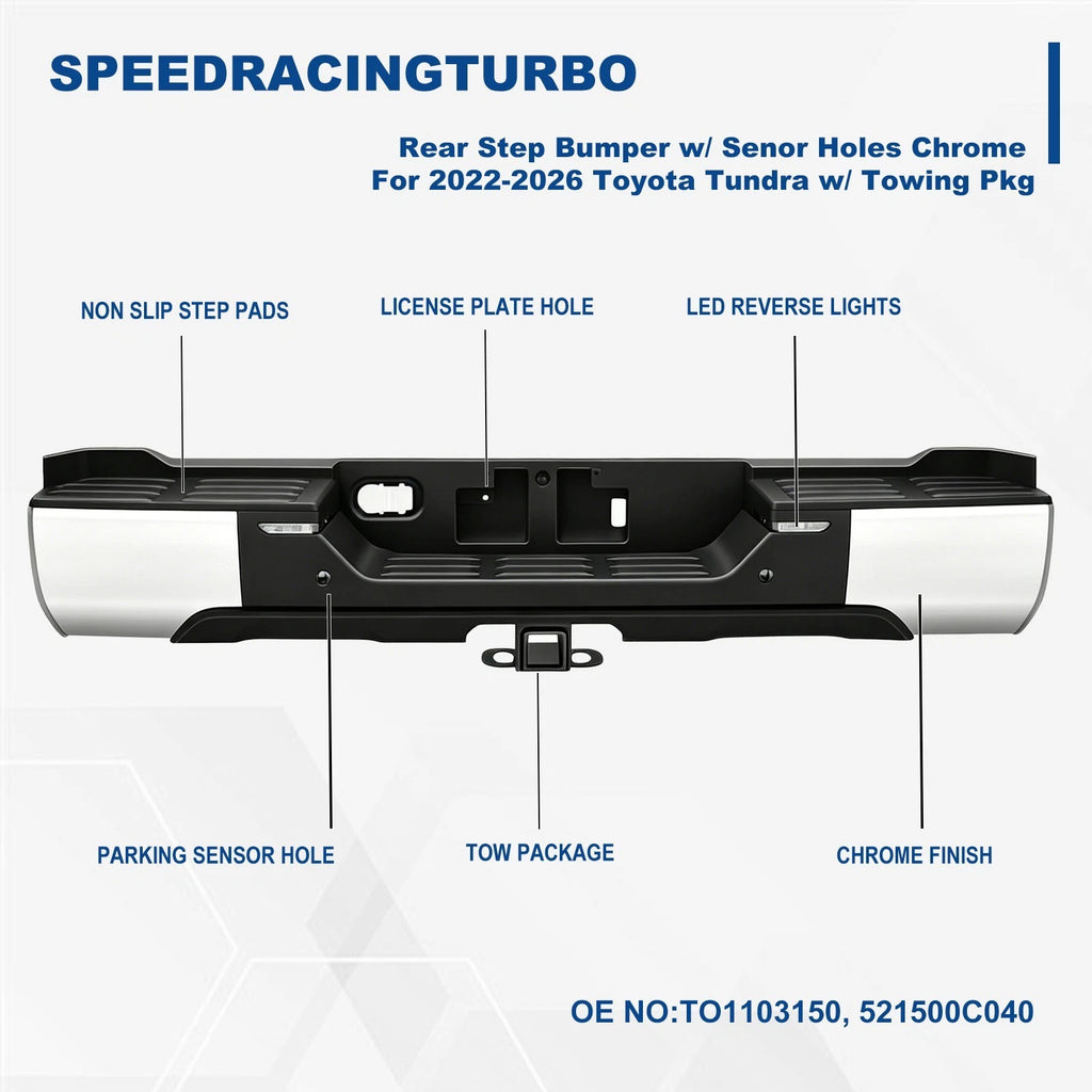 Chrome Rear Step Bumper with Sensor Holes & LED Back-Up Lamp for Toyota Tundra (2022–2026)
