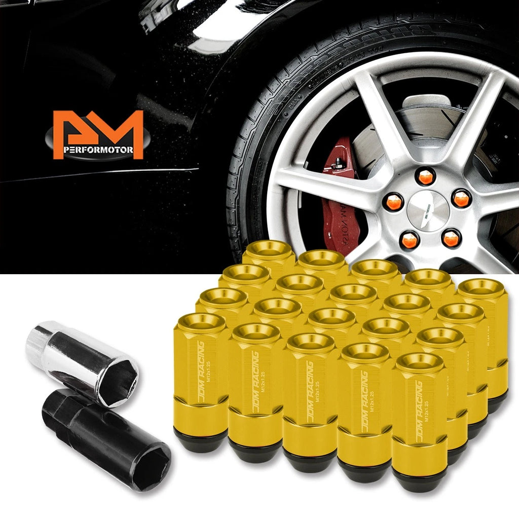 Set of 20 M12X1.25 Gold JDM Cone Seat Hex Wheel Lug Nuts with Cap & Extension