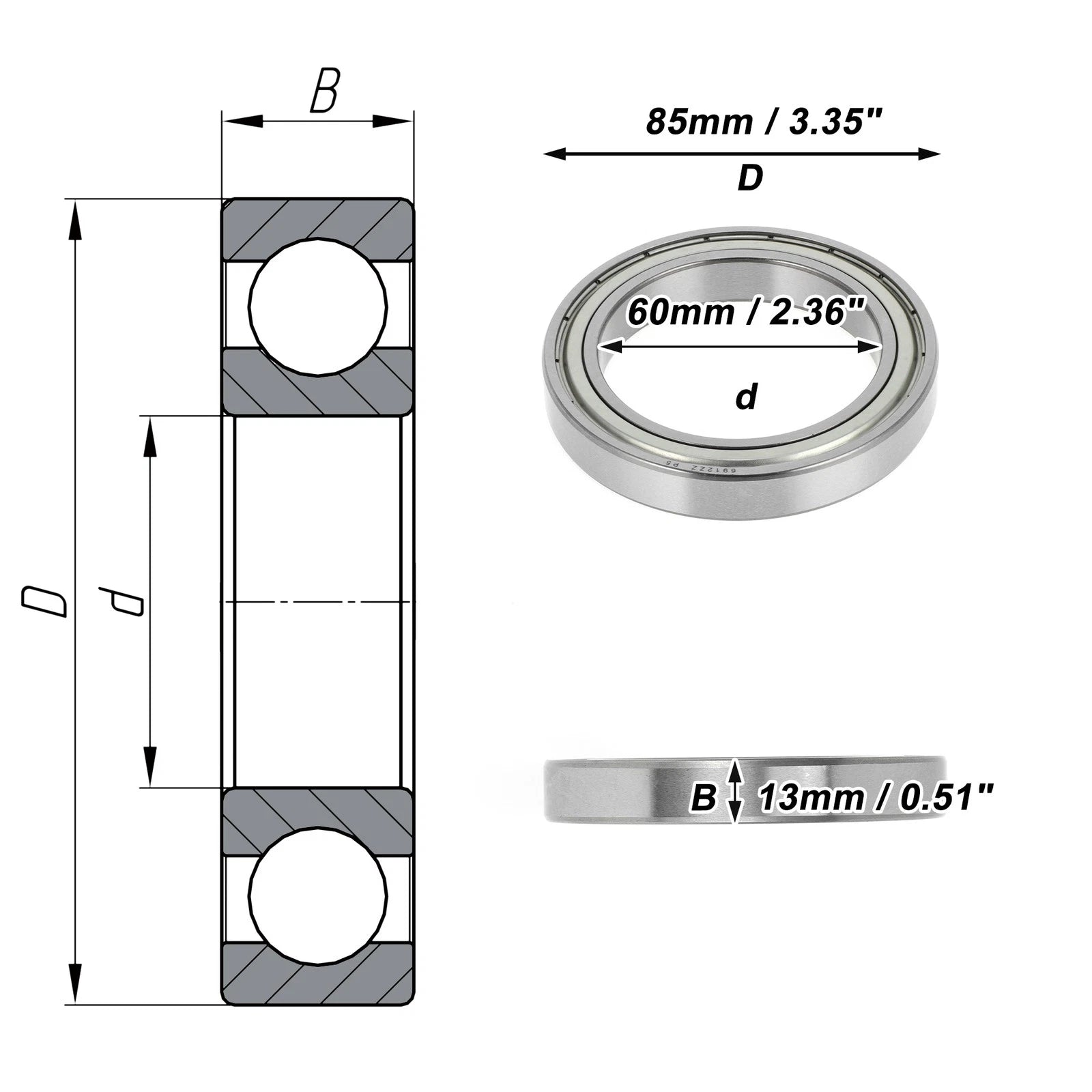 Deep Groove Ball Bearing 6912ZZ for Scooter Skateboard (60x85x13mm)