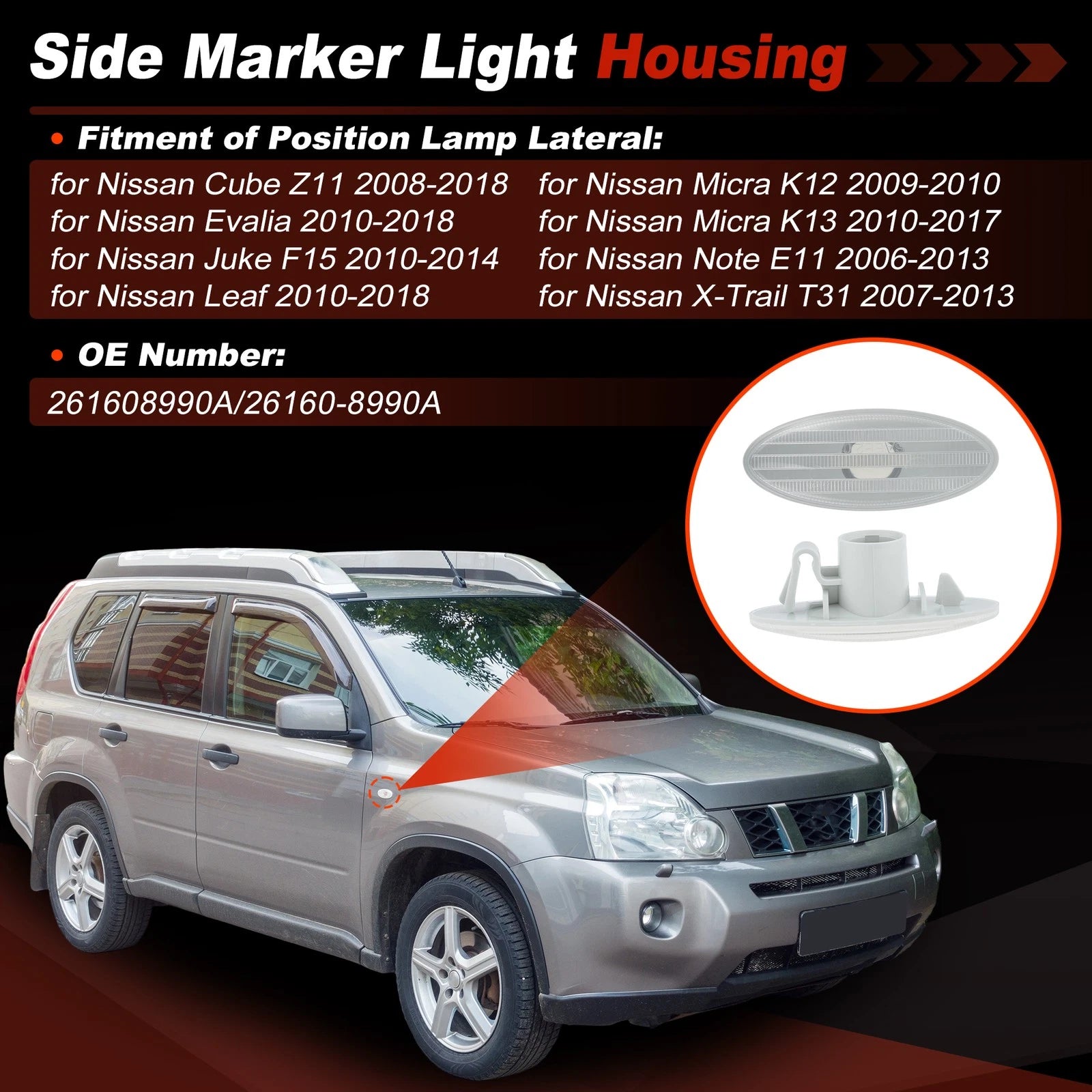 Set of 2 Side Indicator Light Housings for Nissan Cube Juke Leaf Note (–) 261608990A