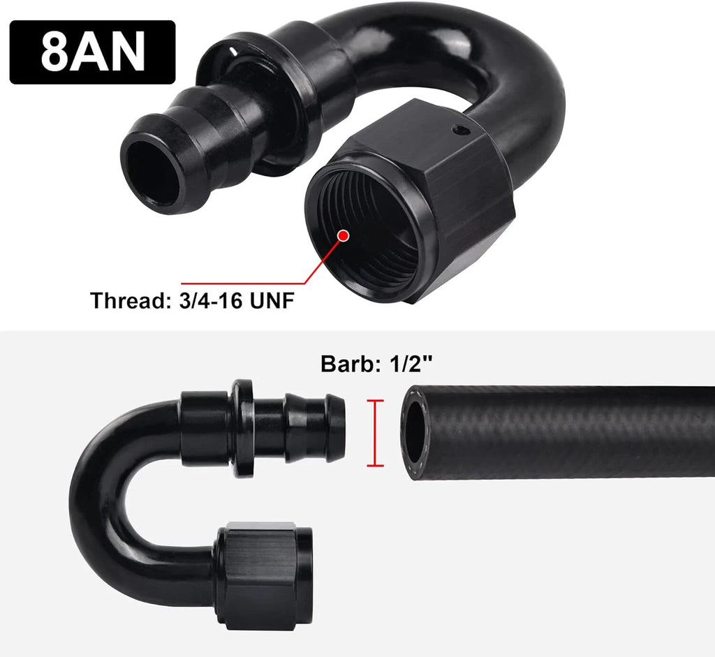 Push-On Lock Hose Fitting 8AN to 1/2 in Barb for Fuel Line (180°) (2001–2005)
