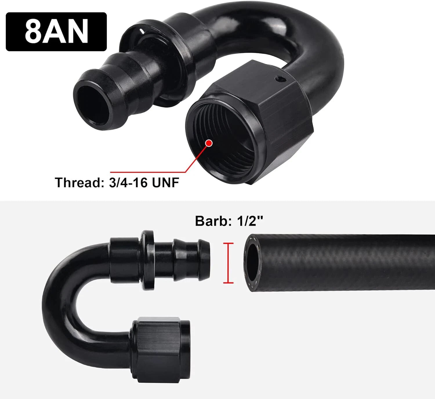 Push-On Lock Hose Fitting 8AN to 1/2 in Barb for Fuel Line (180°) (2001–2005)