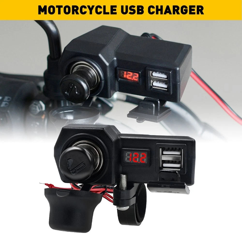 Cigarette Lighter Socket with LED Voltmeter & Dual USB Charger for Motorcycle