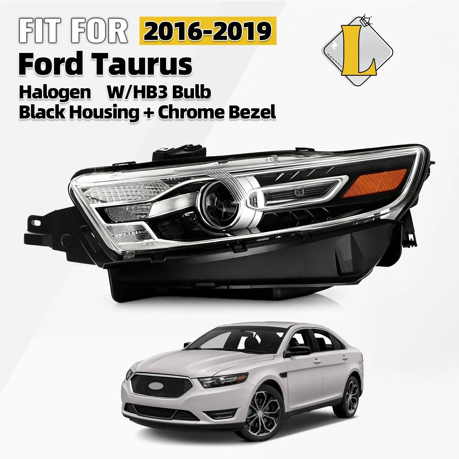 Halogen Headlight for Ford Taurus (2016–2019) Black Housing W/HB3 Bulb Left