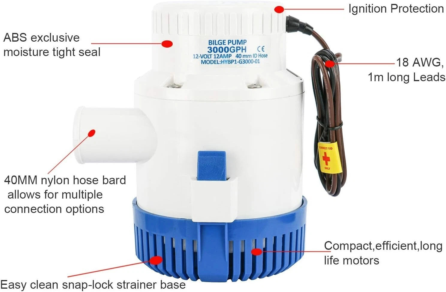 3000GPH 12V Non-Auto Submersible Bilge Pump for Boat (1-1/2" Hose)
