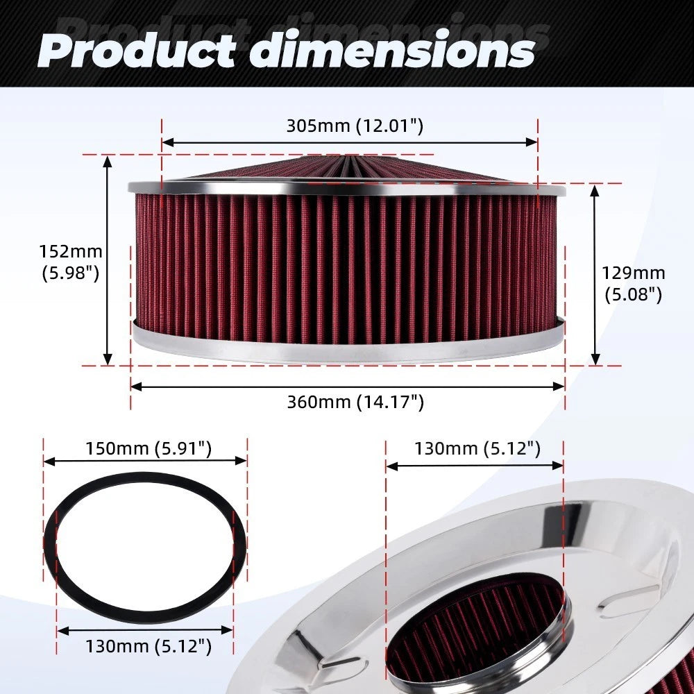 14" Red Round Deep Dish Air Cleaner Kit for Universal Vehicles