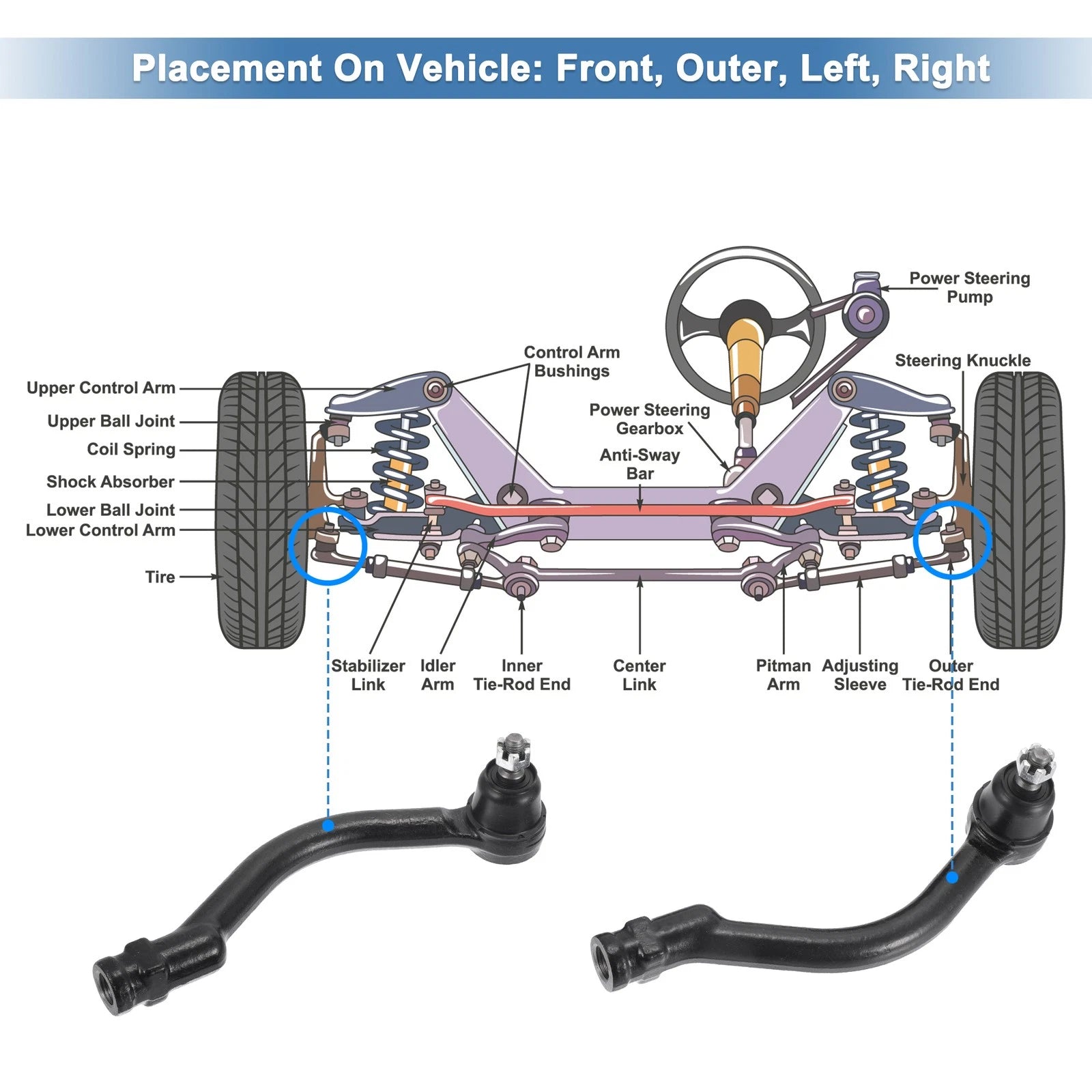 2pcs Front Outer Tie Rod End Links for Hyundai Azera (2006–2011) No.568203K000/568203K510
