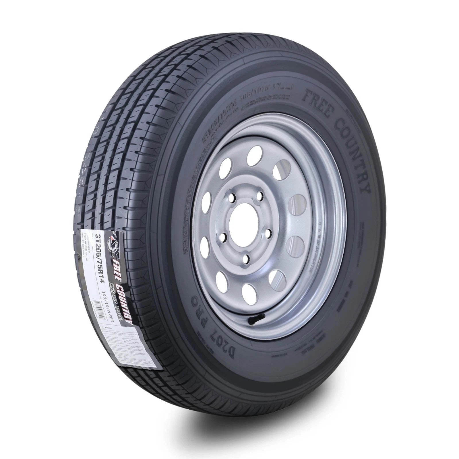 Free Country Trailer Tire Rim ST205/75R14 8-Ply D 105M 5 Lug Silver Mod