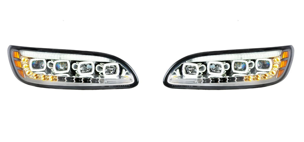 Quad-LED Chrome Headlights with Sequential LED DRL for Peterbilt (2010–2024)