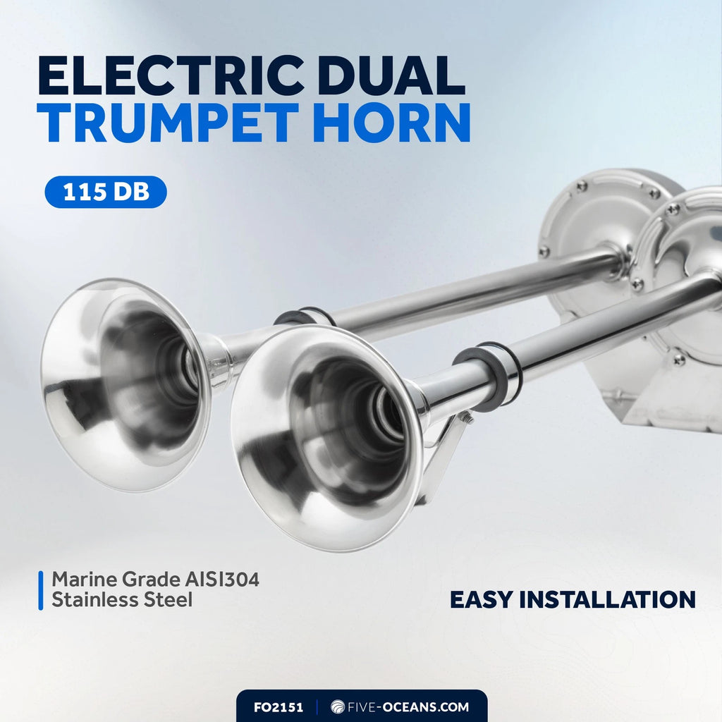 Dual Trumpet Horn for Marine (12V) - Stainless Steel, 115 dB, FO2151