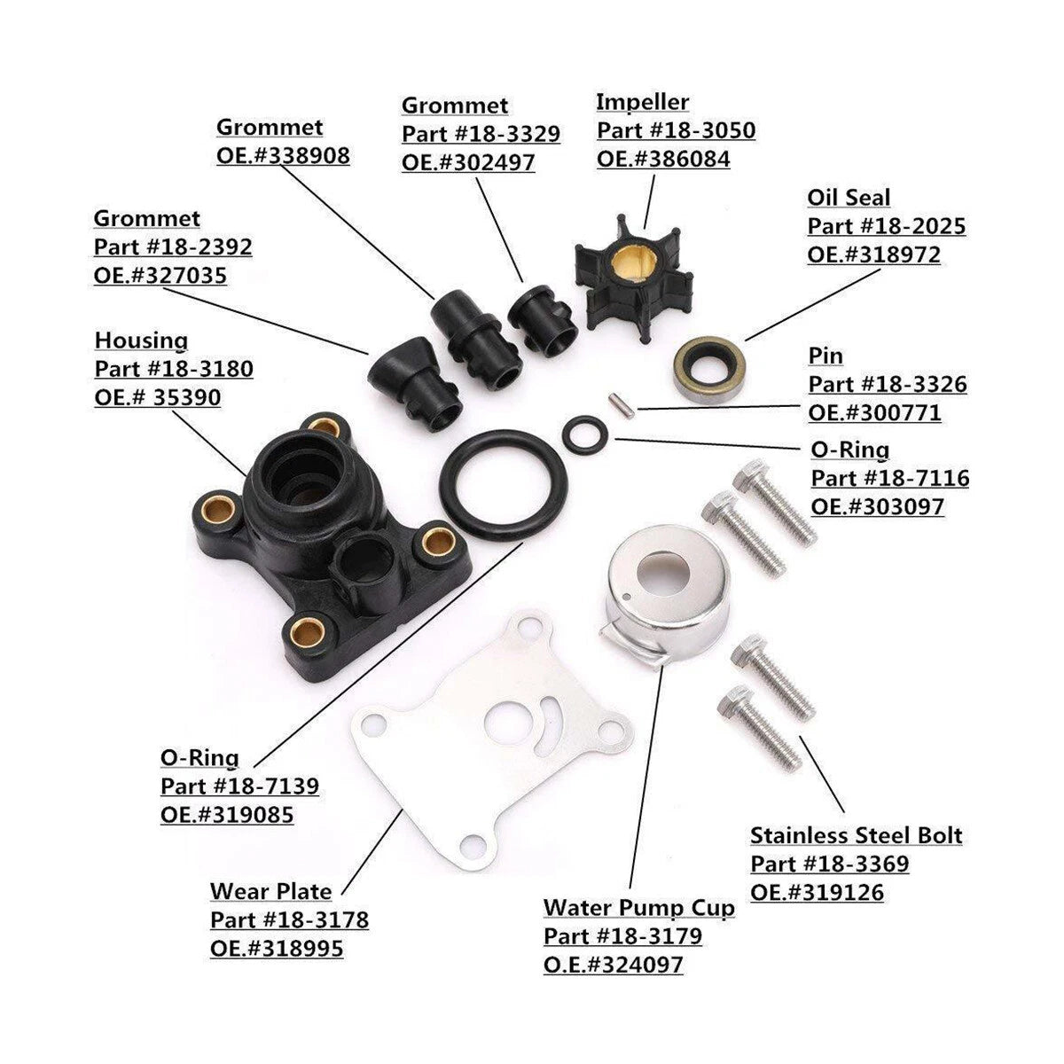 Water Pump Impeller Kit for Evinrude Johnson 9.9-15HP (1974–2007) 394711