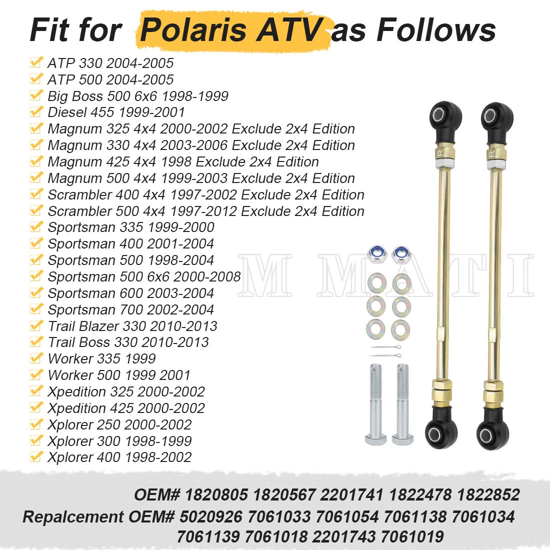 2 Tie Rods for Polaris Sportsman 500 (1998–2004), Sportsman 500 6x6 (2000–2008)