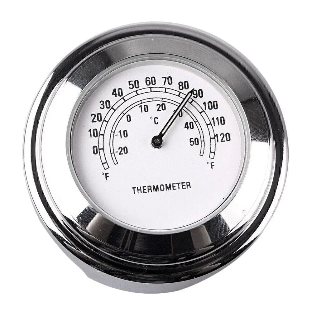 7/8" Handlebar Temp Dial Clock Thermometer for Motorcycle Chrome White
