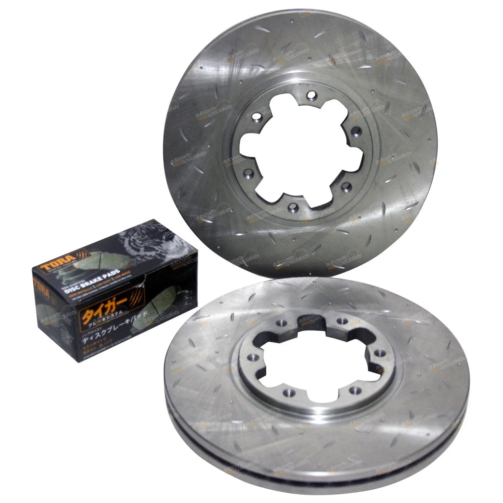 Front Dimple Drilled Slotted Disc Brake Rotors & Pads for Navara D22 4X4