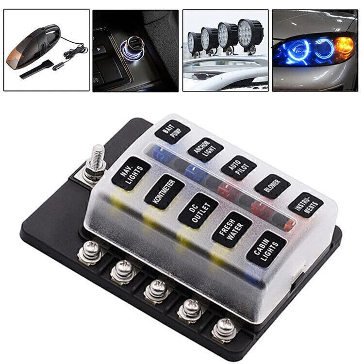 10-Way Blade Fuse Holder Box with LED Indicator for Marine Applications (12V)