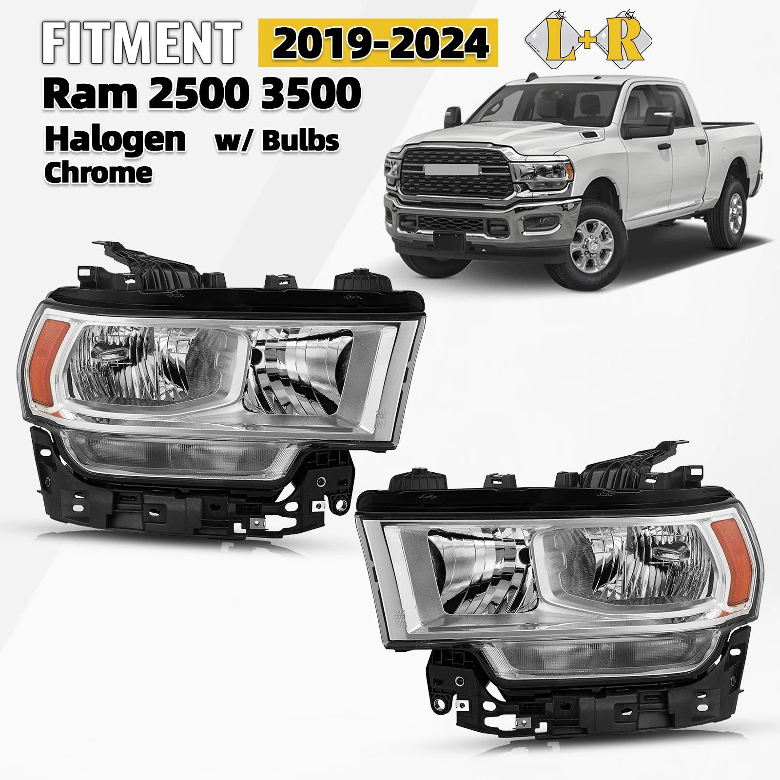 Set of 2 Halogen Headlights w/ Chrome Bezel for Ram 2500 3500 (2019–2024)