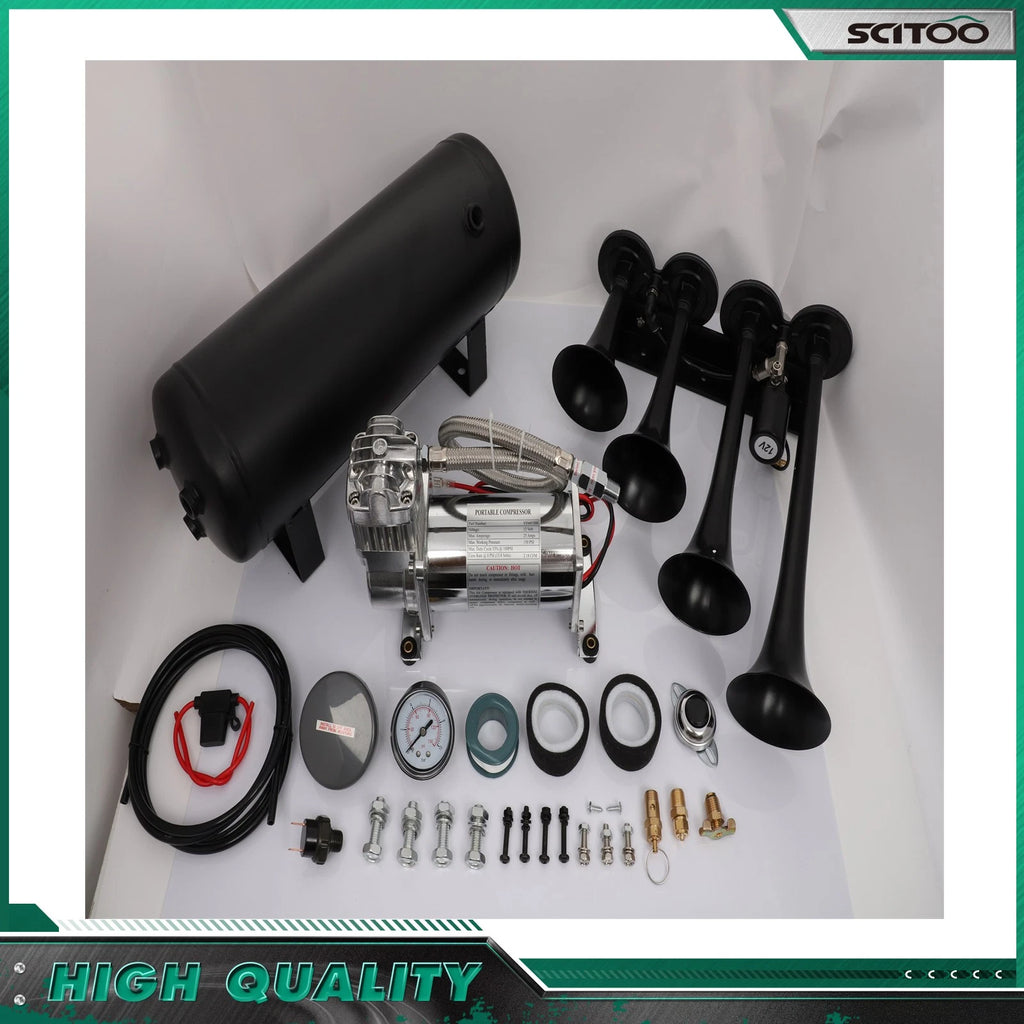 Set of 4 Trumpets Train Air Horn Kit for Car Truck Van 12V