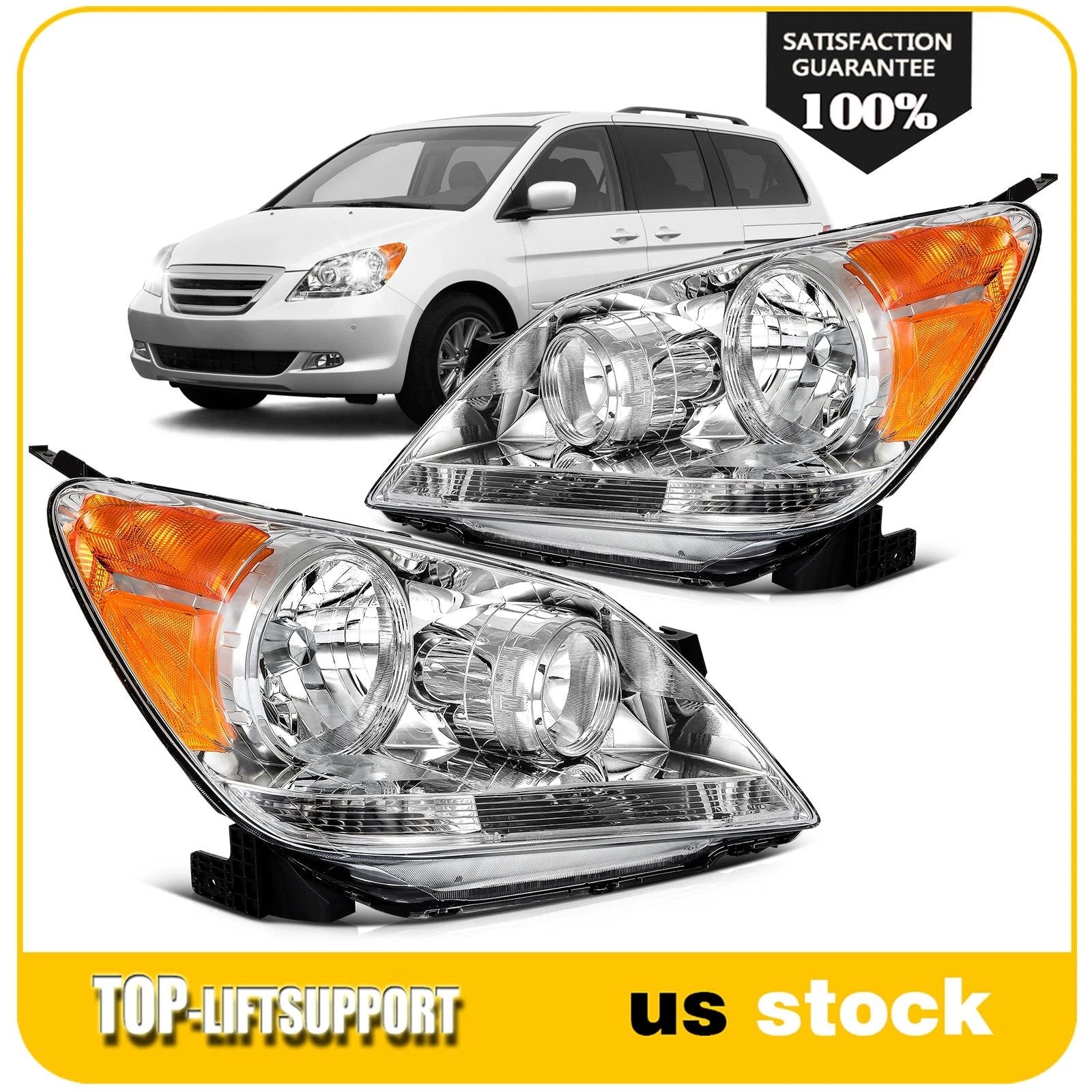 Set of 2 Headlight Assemblies for Honda Odyssey (2005–2007) Chrome Amber
