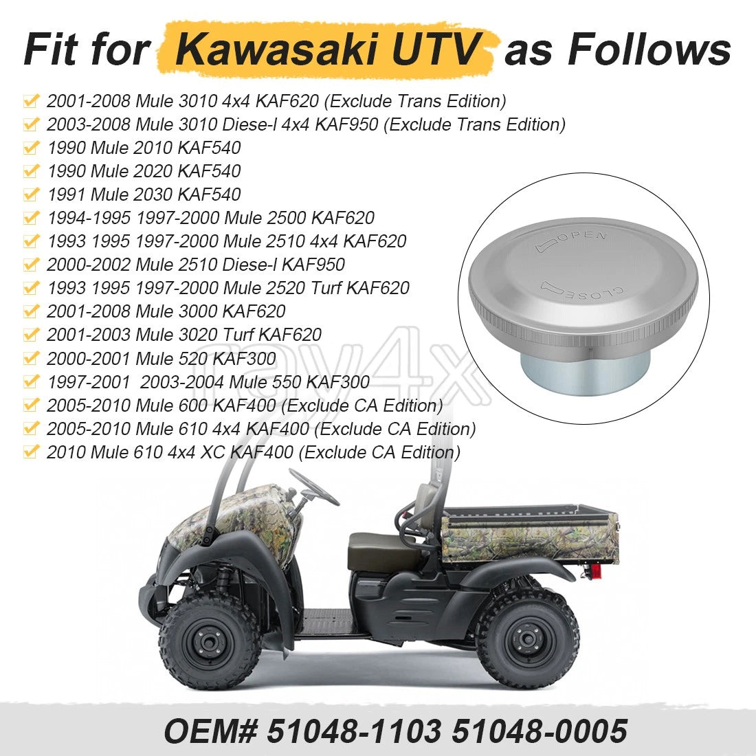 Fuel Cap for Kawasaki Mule (2010–2020) 51048-1103