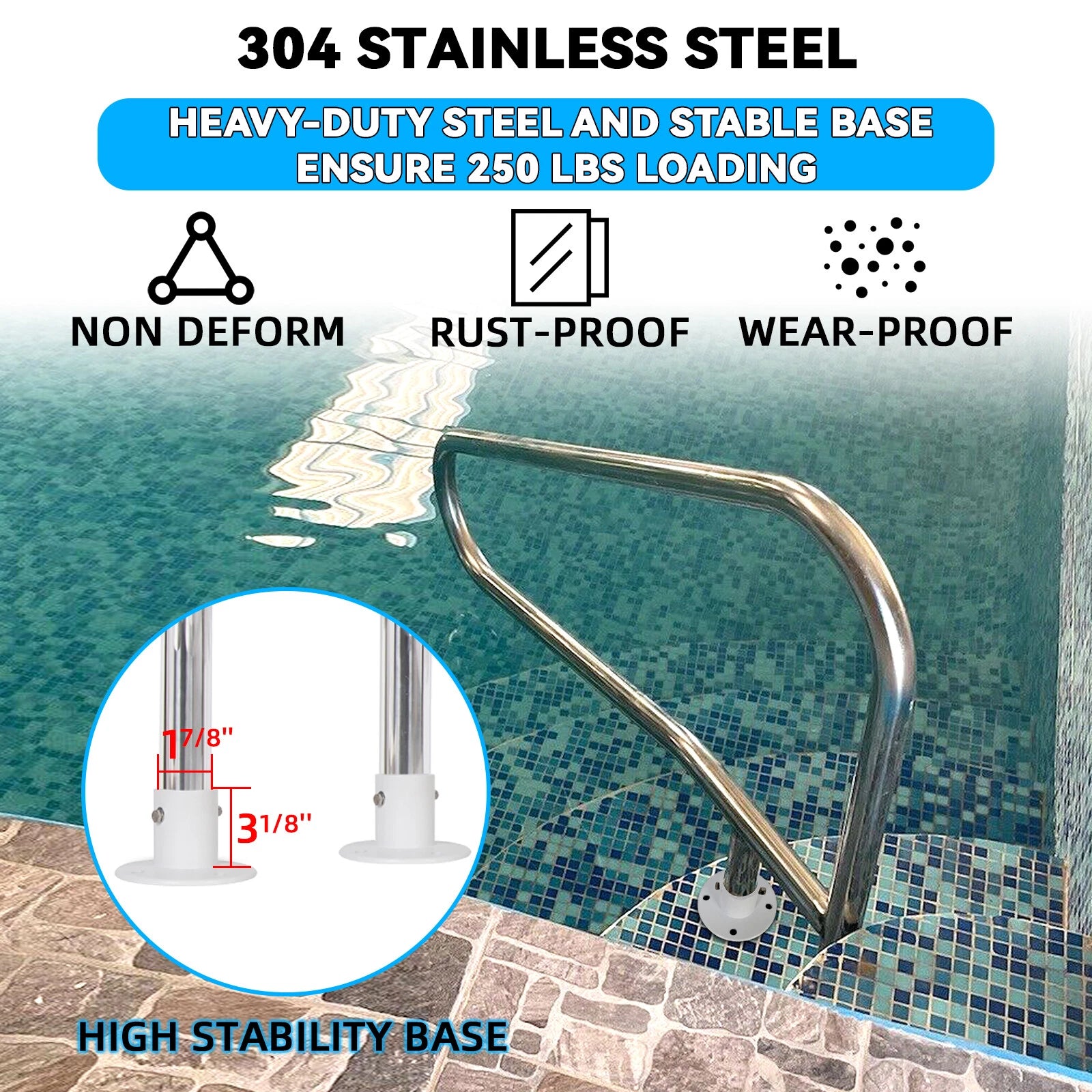 Swimming Pool Hand Rail with 2 Deck Flanges and Bolts