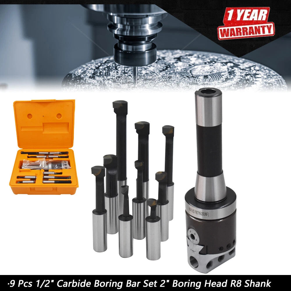 Set of 9 Carbide Boring Bars for Bridgeport Milling (R8 Shank)