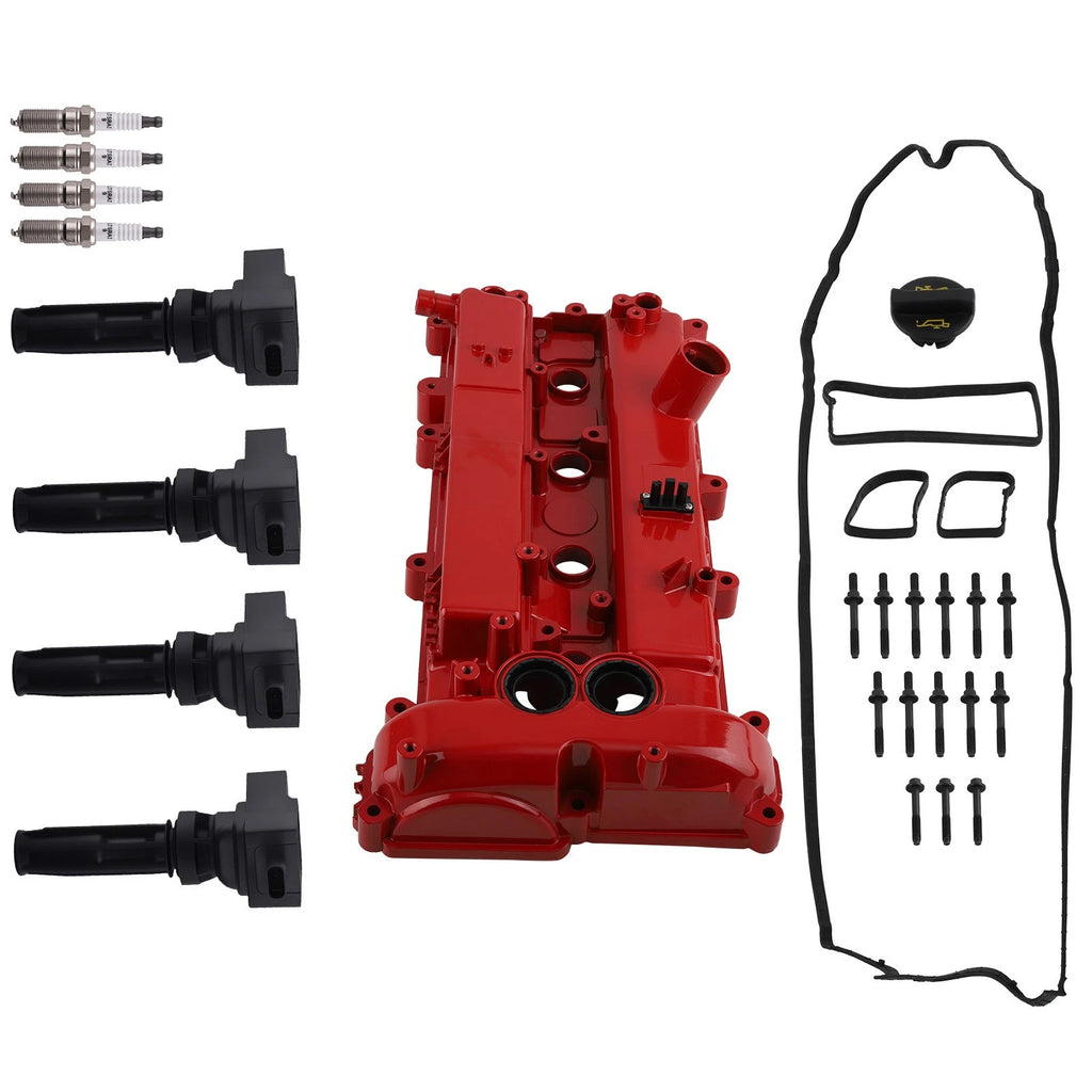 Red Valve Cover + 4 Ignition Coils for Ford Edge Focus 2.0L 2.3L (2012–2018)