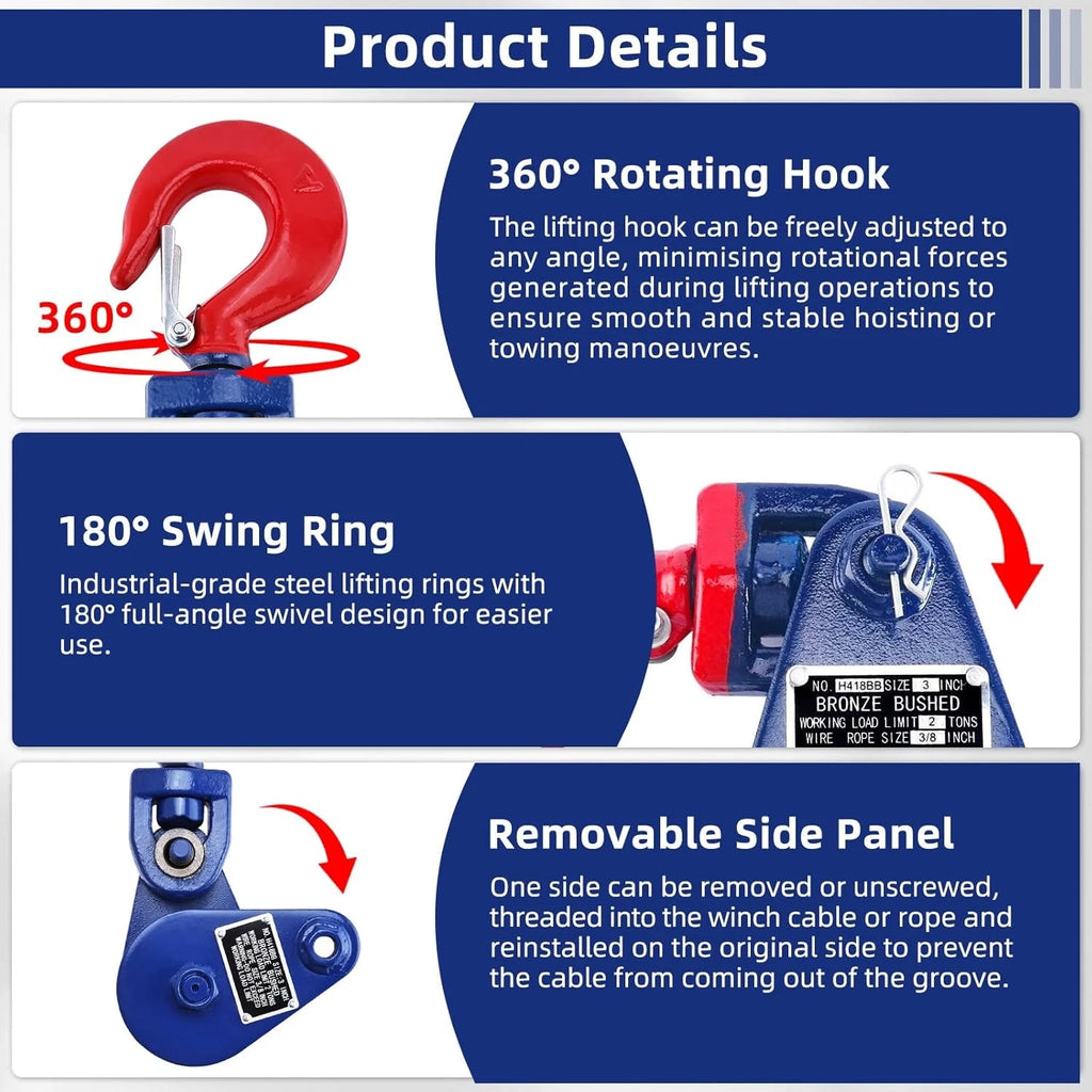 2 Ton Snatch Block with Swivel Hook for Wrecker Roll Back (3" Sheave)