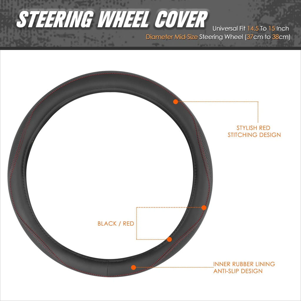 Steering Wheel Cover for Universal Fit (14.5-15") - Perforated Leather, Red Stitch
