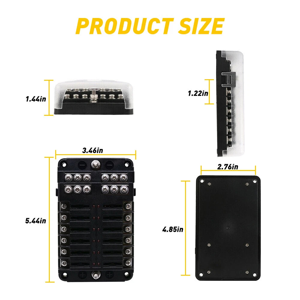 12 Way Blade Fuse Box Holder with LED Indicator for Auto Marine Boat (12V)