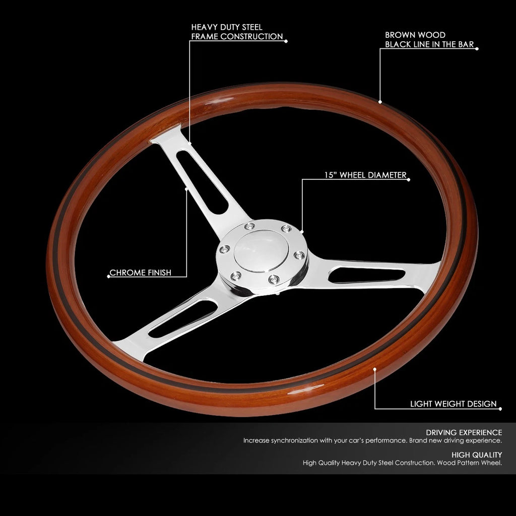 380mm Wood Grain Steering Wheel for Universal Fit (Vintage Style)