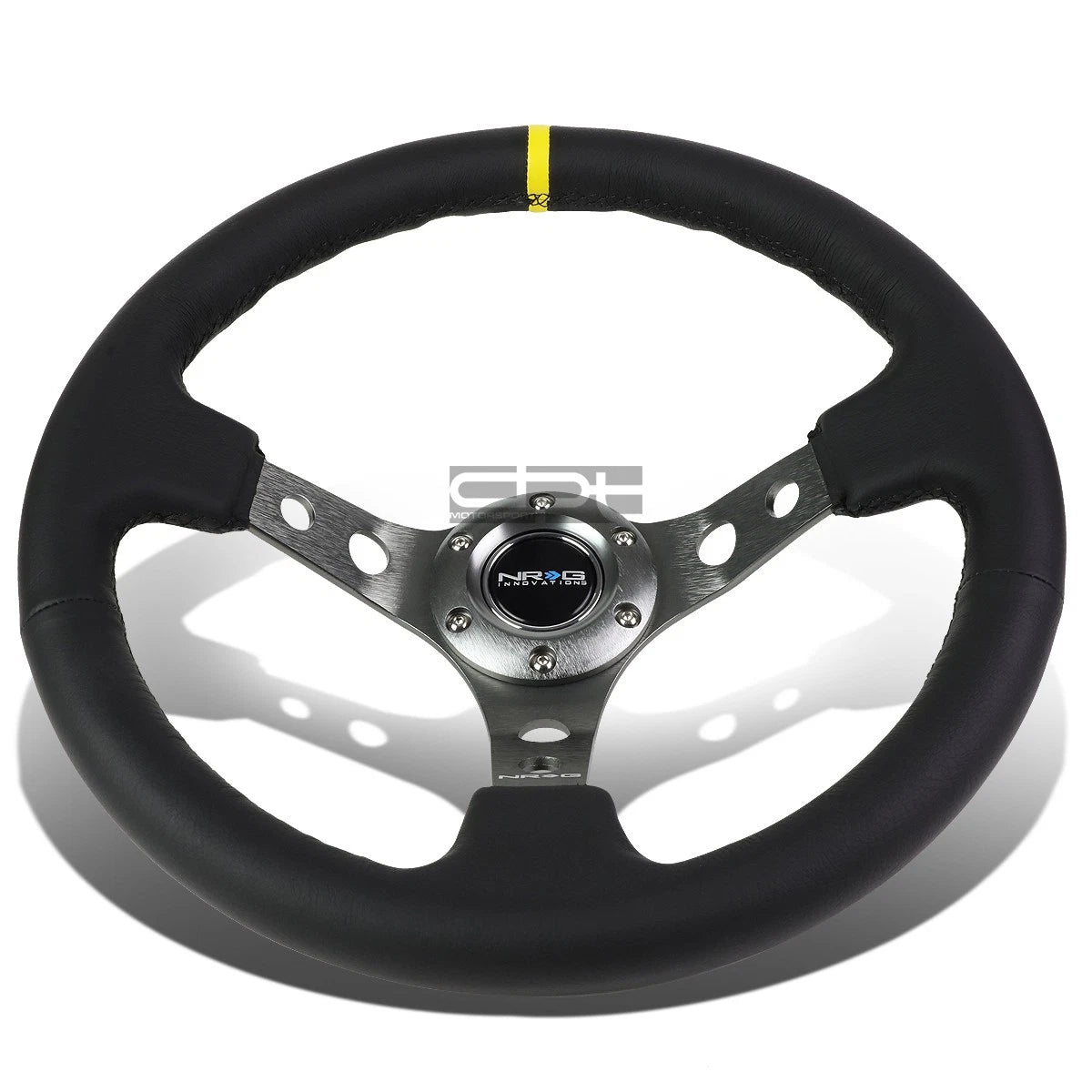 NRG 35cm Deep Dish Leather Steering Wheel with Yellow Stripe for Universal Fit (2010–2023)