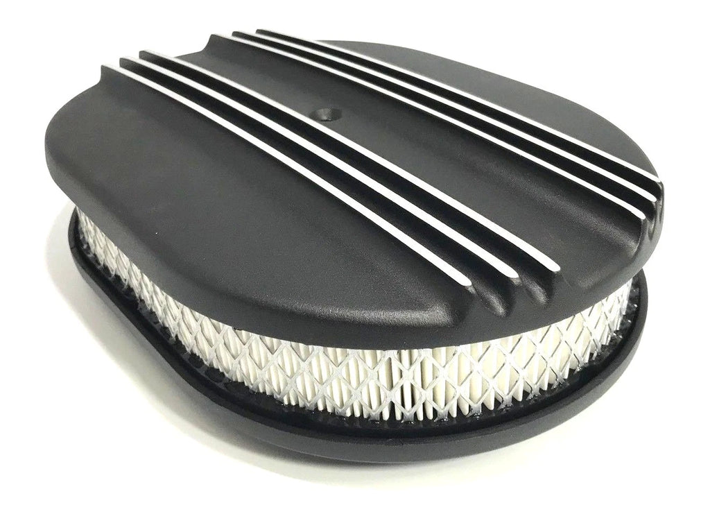 12 Inch Oval Air Cleaner Half Finned for Classic Chevy Ford (Black Aluminum)