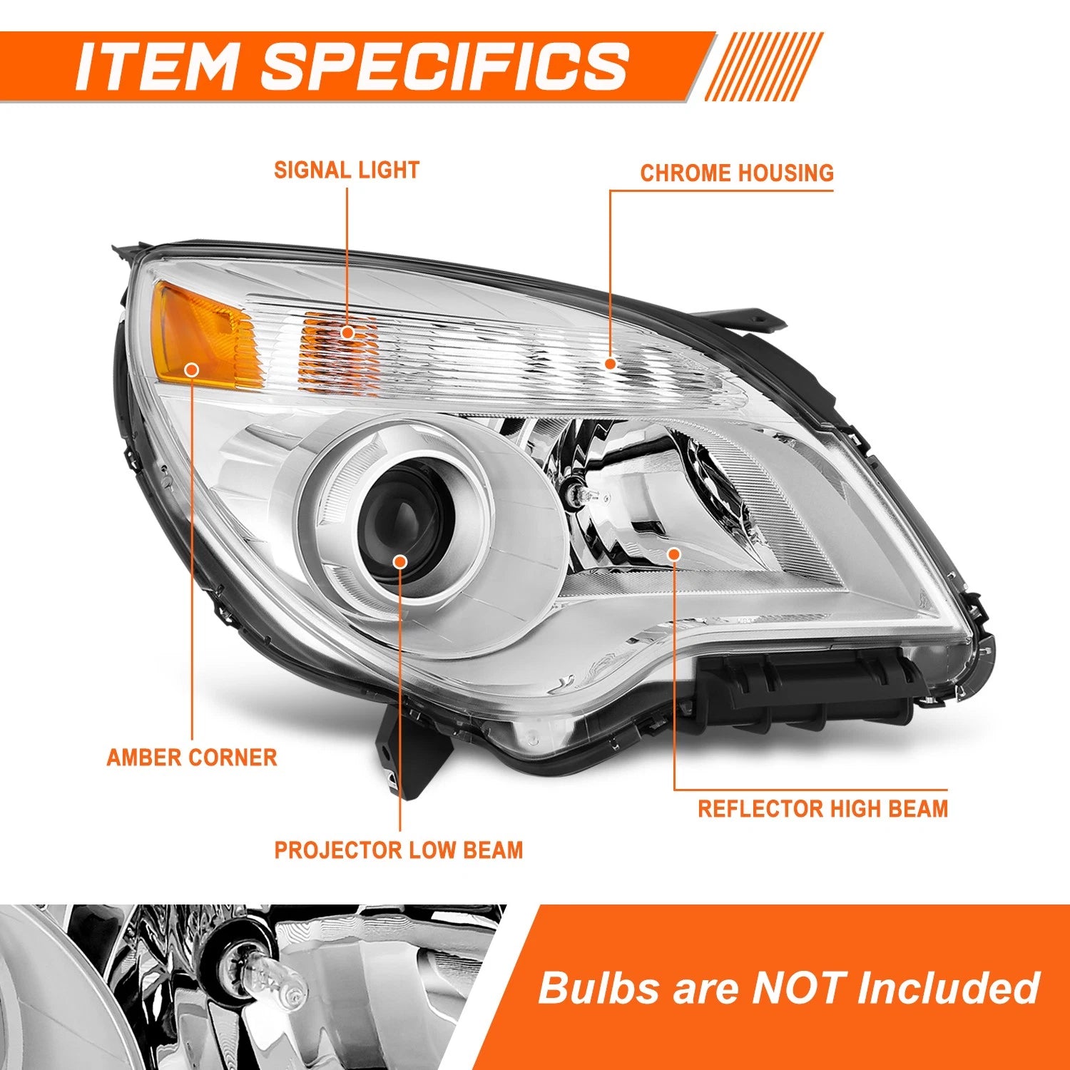 Right Side Projector Headlight for Chevy Equinox LTZ (2010–2015) - Chrome/Amber