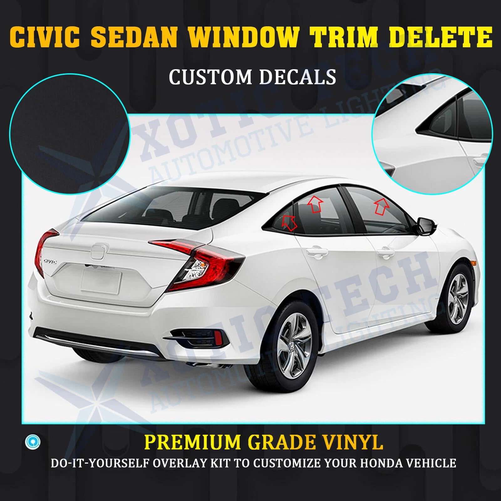 Chrome Delete Vinyl Blackout Window Trims for Honda Civic Sedan (2016-2021)