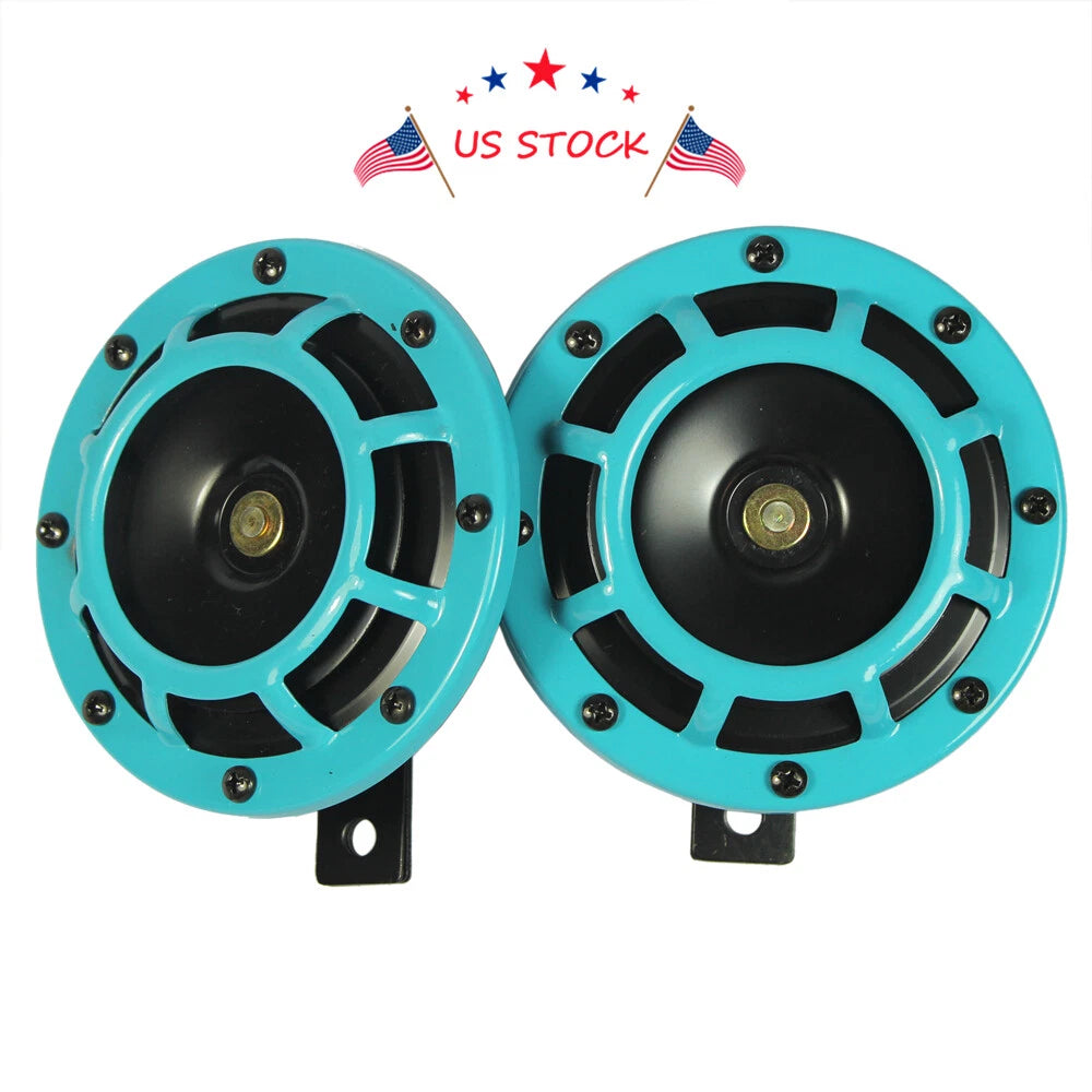 Set of 2 Blue 12V Loud Blast Tone Electric Car Horns for Universal Fit