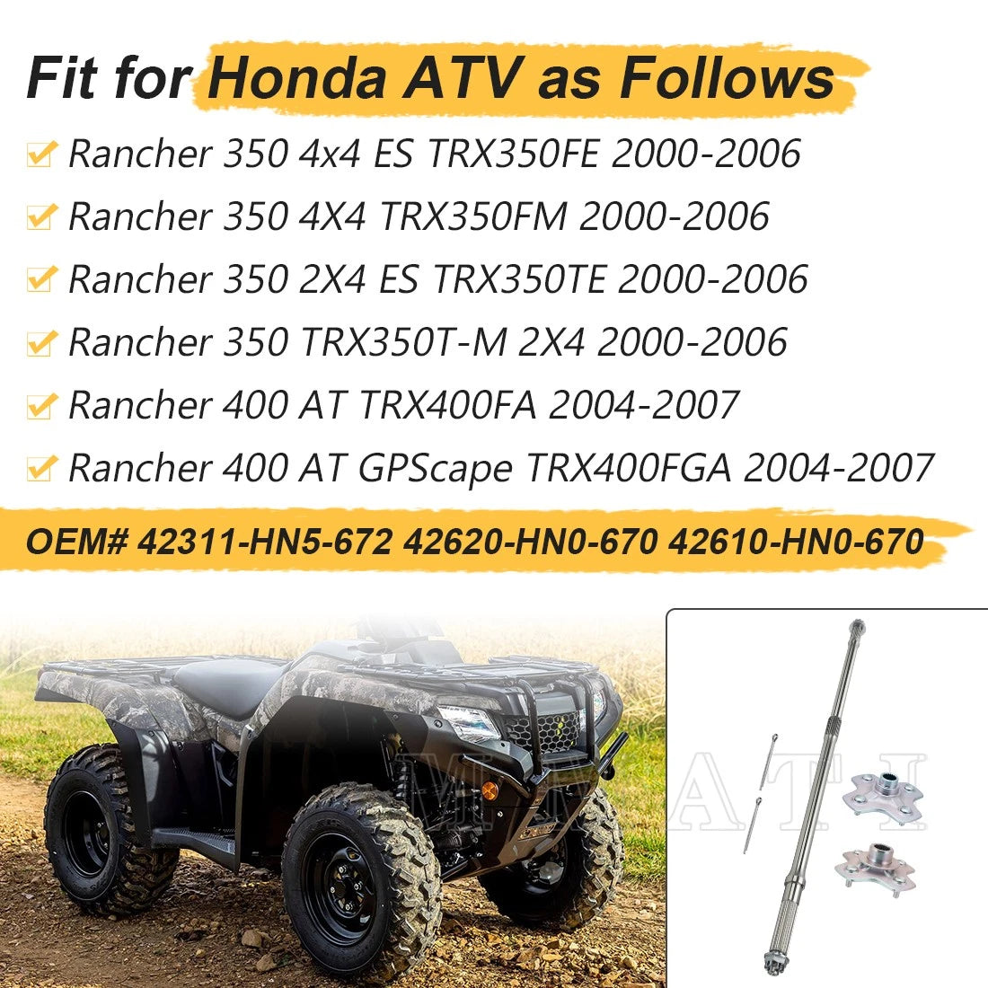 Rear Axle Shaft Wheel Hub for Honda Rancher TRX350 TRX400 (2000–2007)