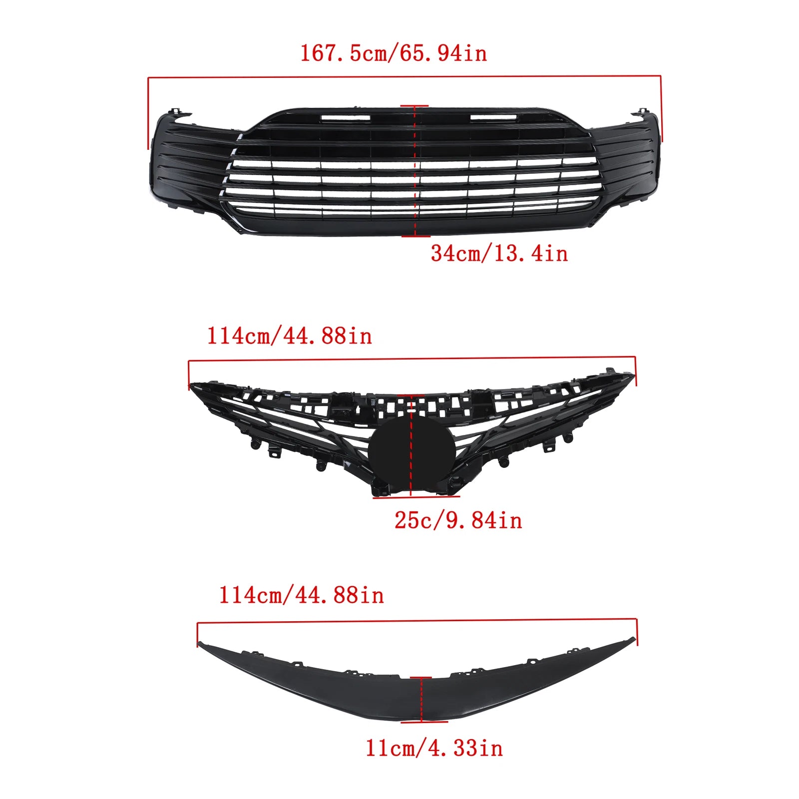 Set of 2 Front Upper Lower Grille Strip Trim for Toyota Camry (2021–2022) Gloss Black