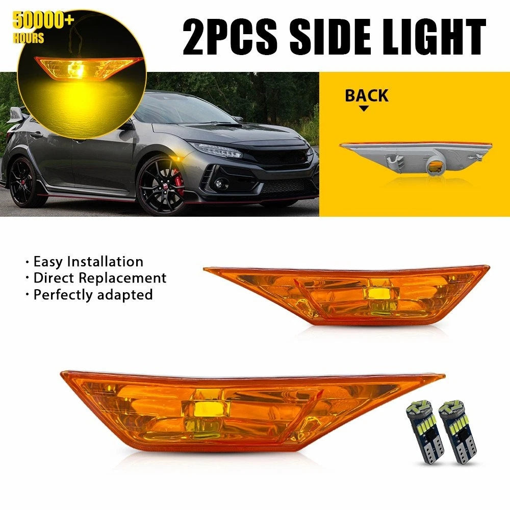 2X Front Fender Side Marker Lamp Amber Lens for Honda Civic Sedan (2016–2021)