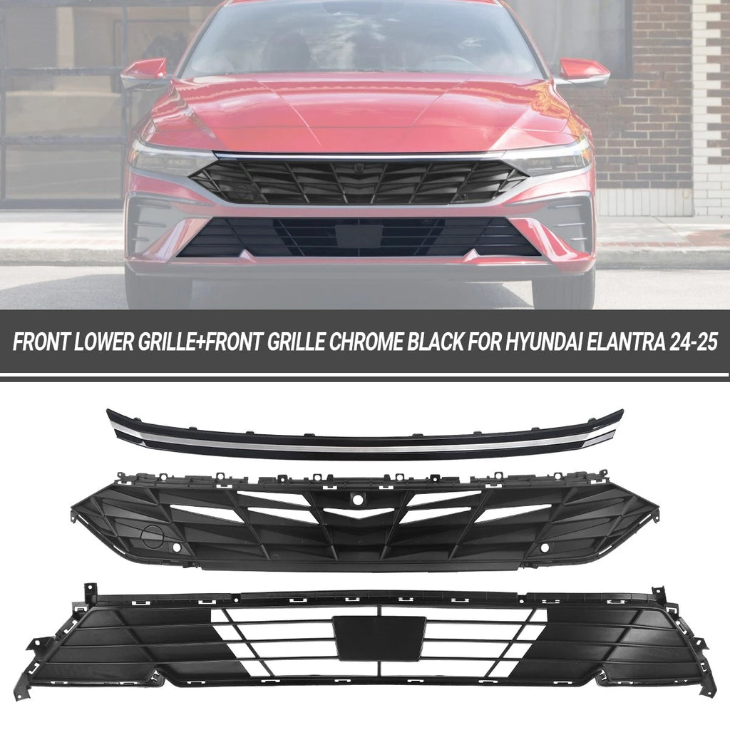 Front Grille for Hyundai Elantra (2024–2025) W/Chrome Trim, Sensor Hole, Camera Hole