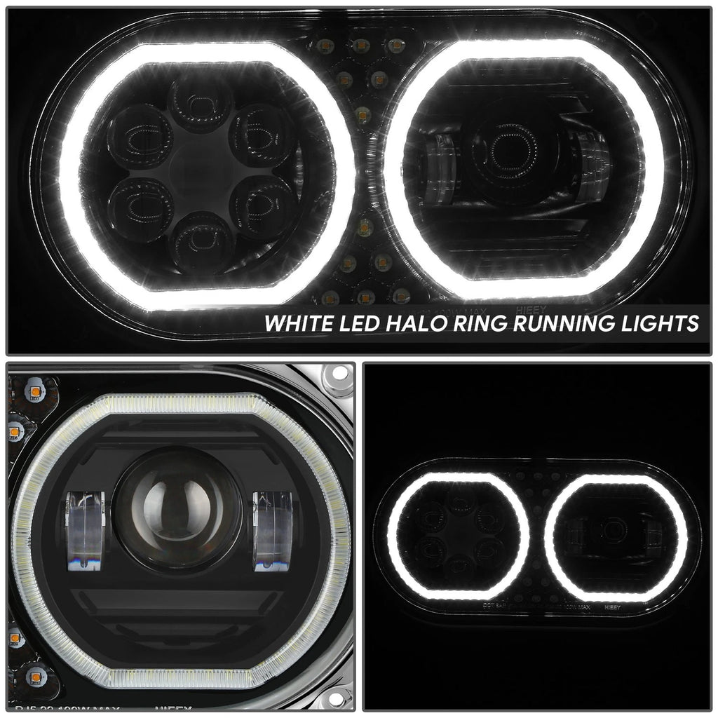 LED Halo Projector Headlight for Peterbilt 359 (1967–1987) - Black Housing, Clear Lens