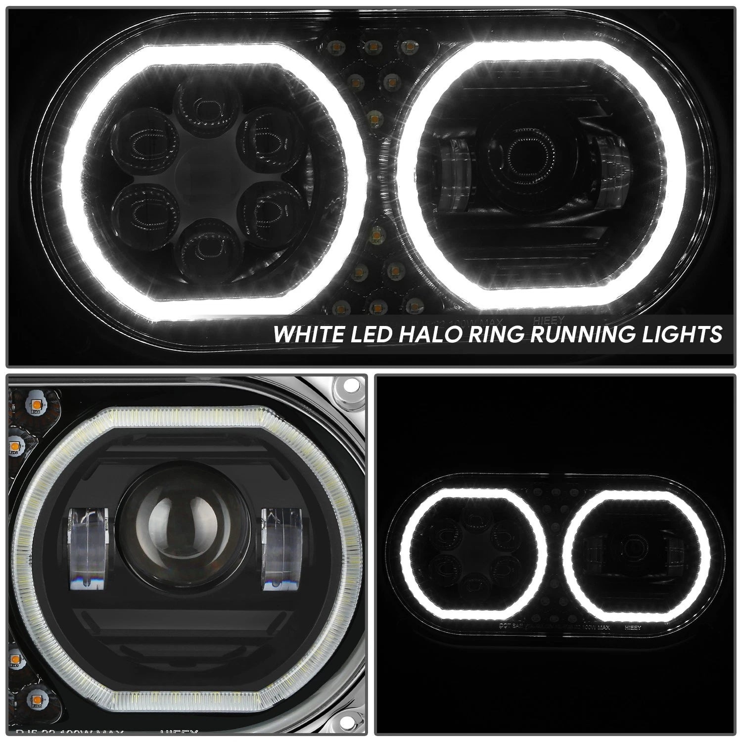LED Halo Projector Headlight for Peterbilt 359 (1967–1987) - Black Housing, Clear Lens