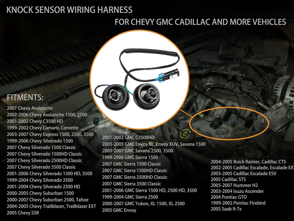 Knock Sensor Wiring Harness for Chevy GMC 1500 2500 3500 Cadillac (4.8L 5.3L 6.0L)