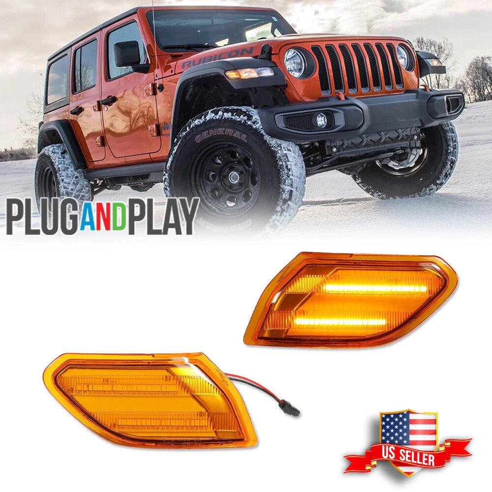 2X Amber Lens LED Front Side Marker Signal Light for Jeep Wrangler JL JT (2018–2023)