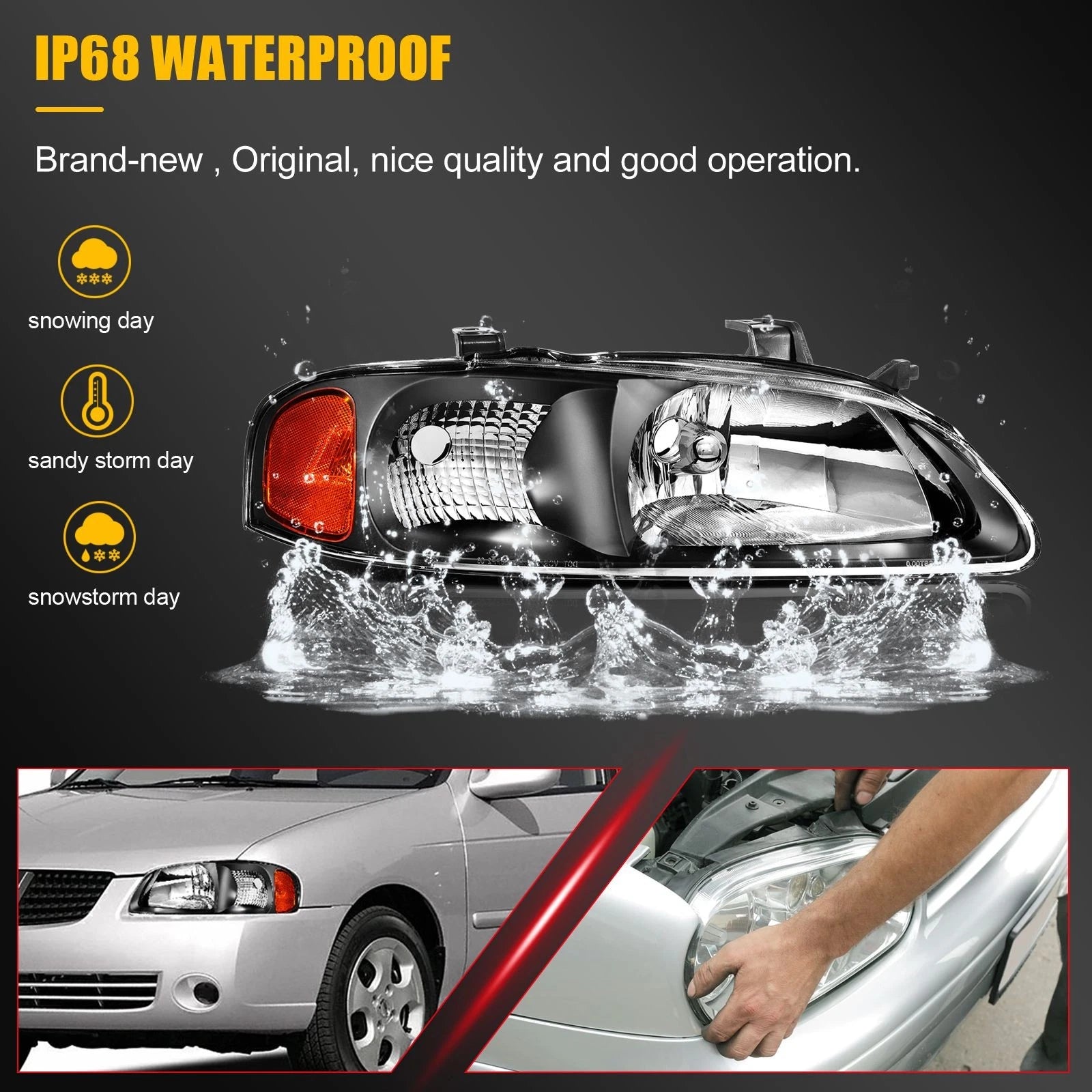 Set of 2 Black Headlights for Nissan Sentra (2000–2003) with Amber Corners