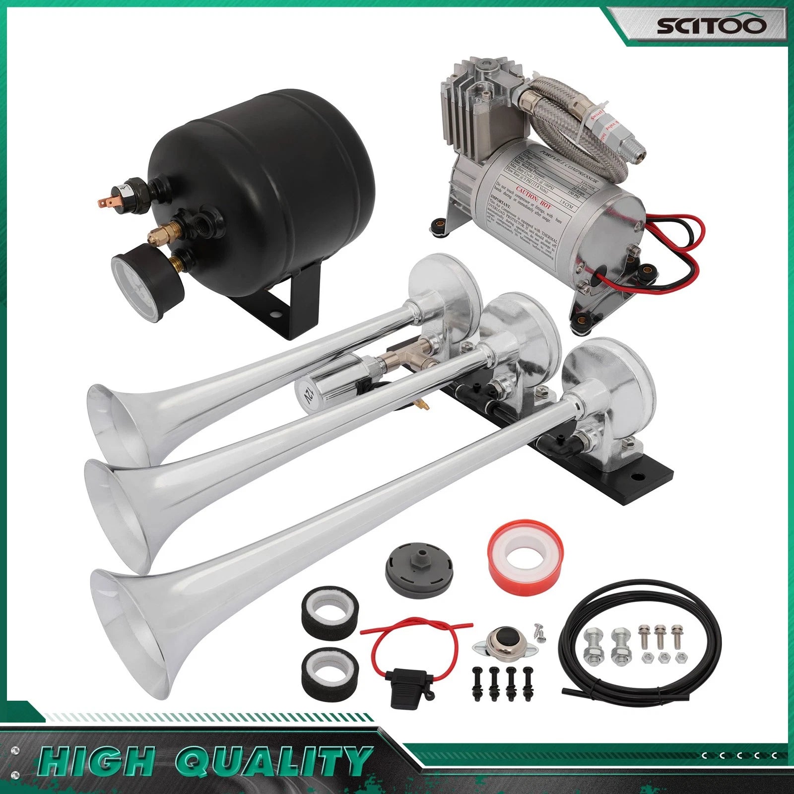 3 Trumpets Train Air Horn Kit for Car Truck Van 12V