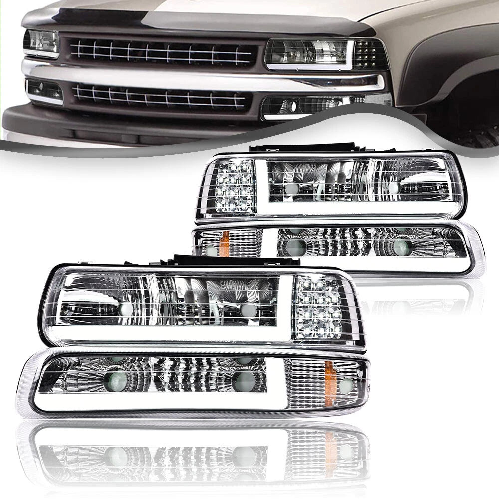 LED DRL Chrome Headlights for Chevy Silverado, Suburban, Tahoe (1999–2006)